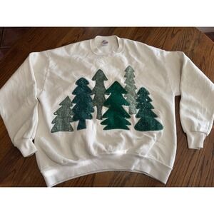 Vintage Jerzees Applique Pine Tree Sweatshirt XL Cream Green Forest Made in USA